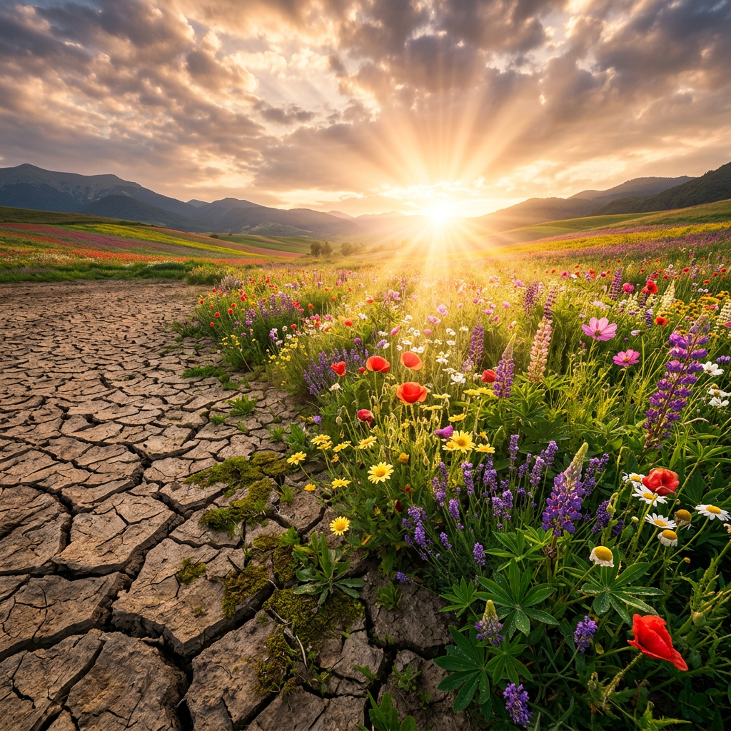 Wildflowers blooming next to cracked dry earth under a bright sunrise